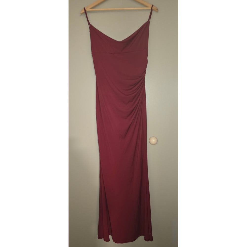 Capuffy Burgundy Cowl Neck Maxi Dress Open Back Lace Ruched Gown Women Small 4-6